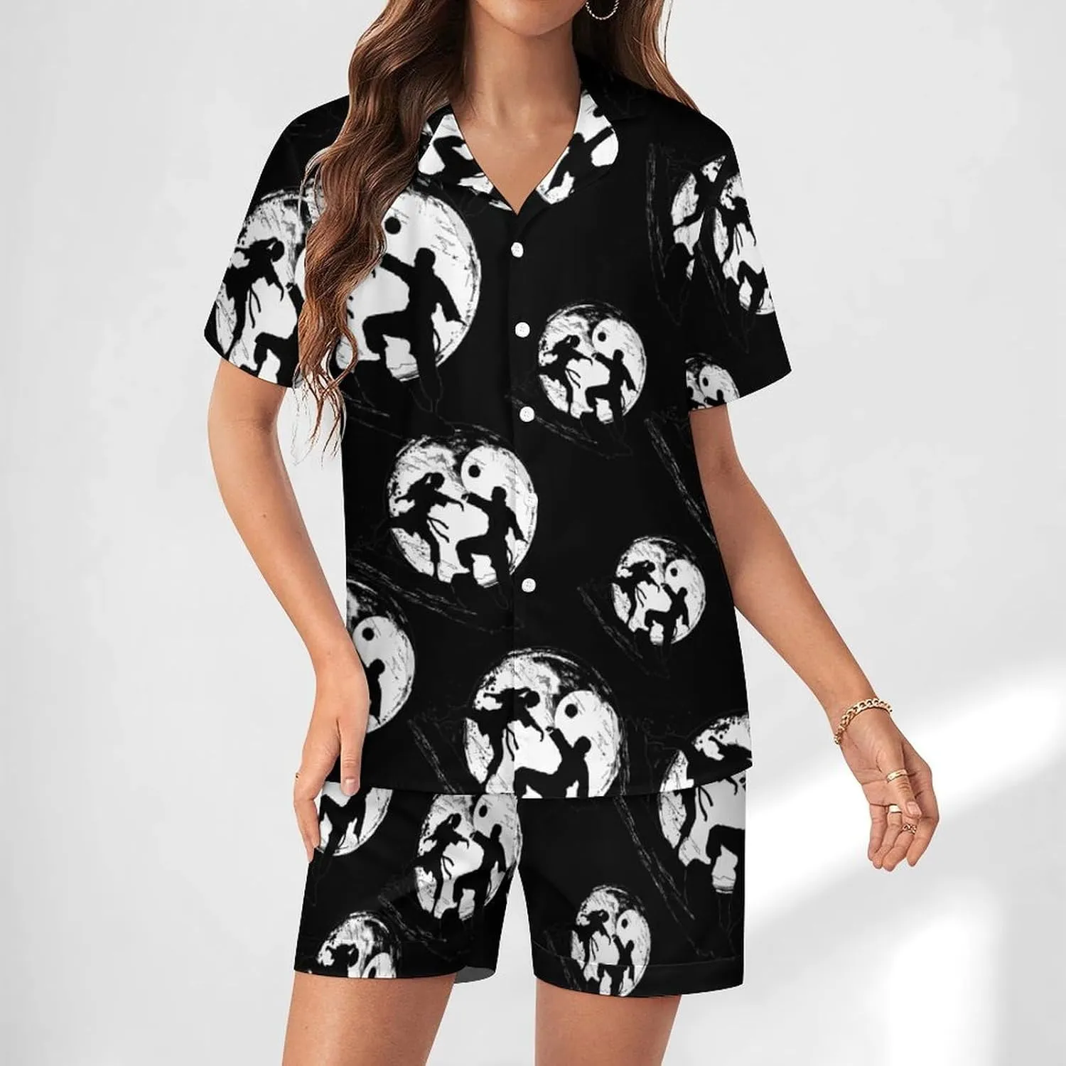 Karate Yin And Yang Sign Women's Satin Pajama Set Short Sleeve Button Down Sleepwear Loungewear Pj Set