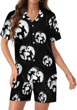 Karate Yin And Yang Sign Women's Satin Pajama Set Short Sleeve Button Down Sleepwear Loungewear Pj Set