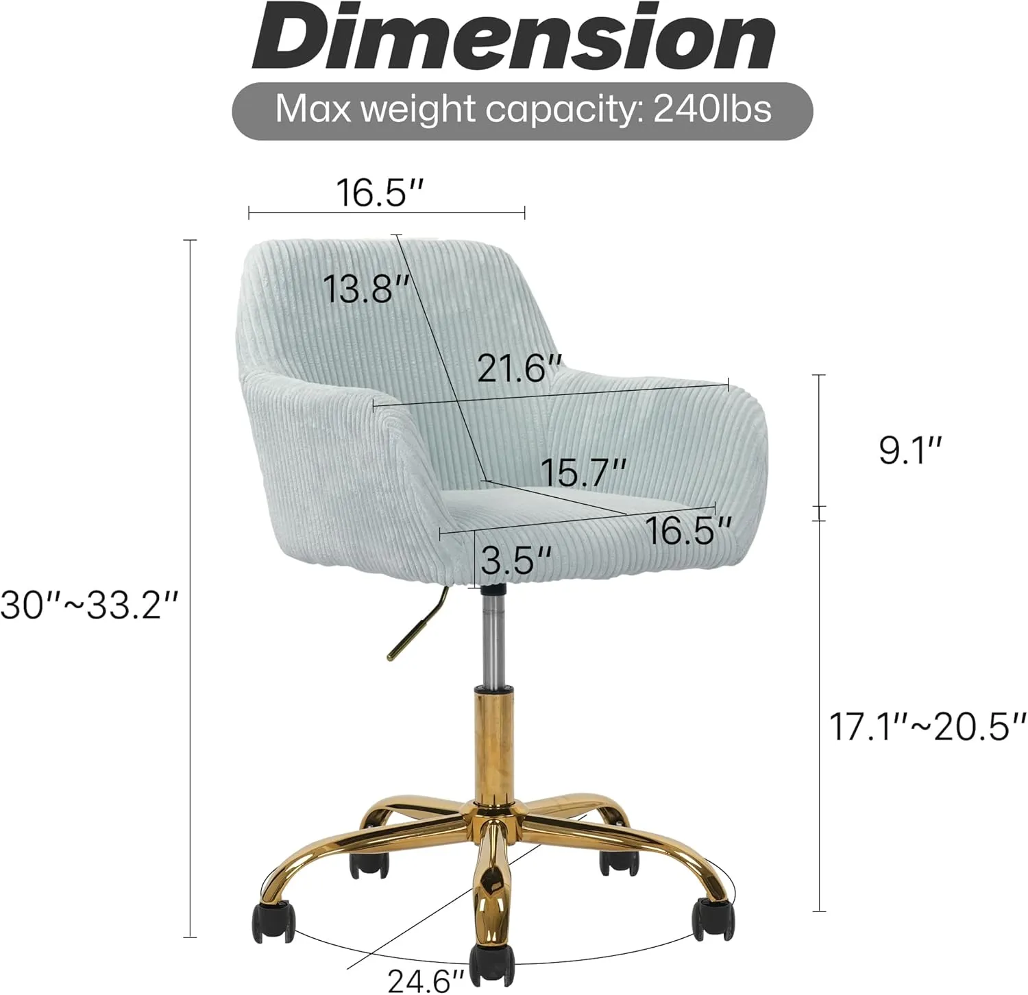 KCC Corduroy Fabric Vanity Makeup Desk Chair, Fluffy Swivel Modern Armchair with Wheels, Upholstered Fuzzy Height Adjustable for Girls Home Office, Blue