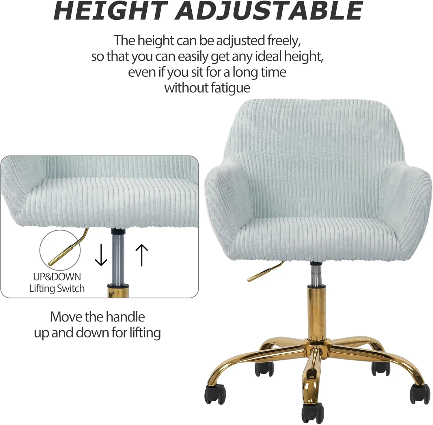 KCC Corduroy Fabric Vanity Makeup Desk Chair, Fluffy Swivel Modern Armchair with Wheels, Upholstered Fuzzy Height Adjustable for Girls Home Office, Blue