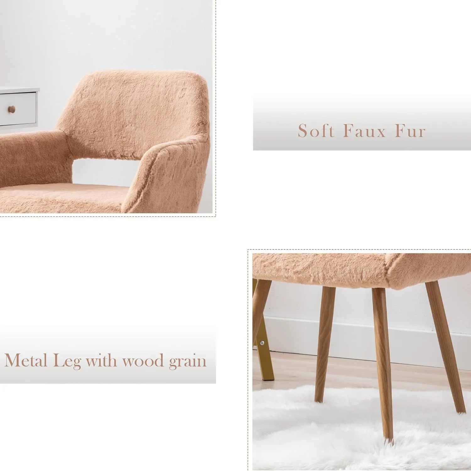 KCC Furry Desk Chair, Mid-Century Modern Accent Faux Fur Chair for Teen Girls, Comfy Armchair with Wood Look Metal Legs for Living Dining Room, Home Vanity Makeup Office Desk Chairs No Wheel, Camel