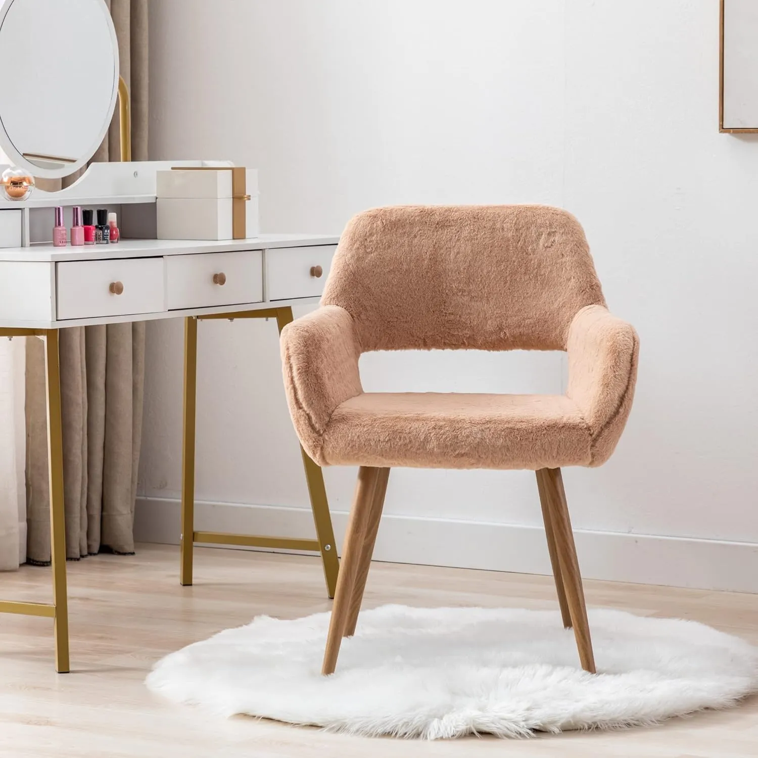 KCC Furry Desk Chair, Mid-Century Modern Accent Faux Fur Chair for Teen Girls, Comfy Armchair with Wood Look Metal Legs for Living Dining Room, Home Vanity Makeup Office Desk Chairs No Wheel, Camel