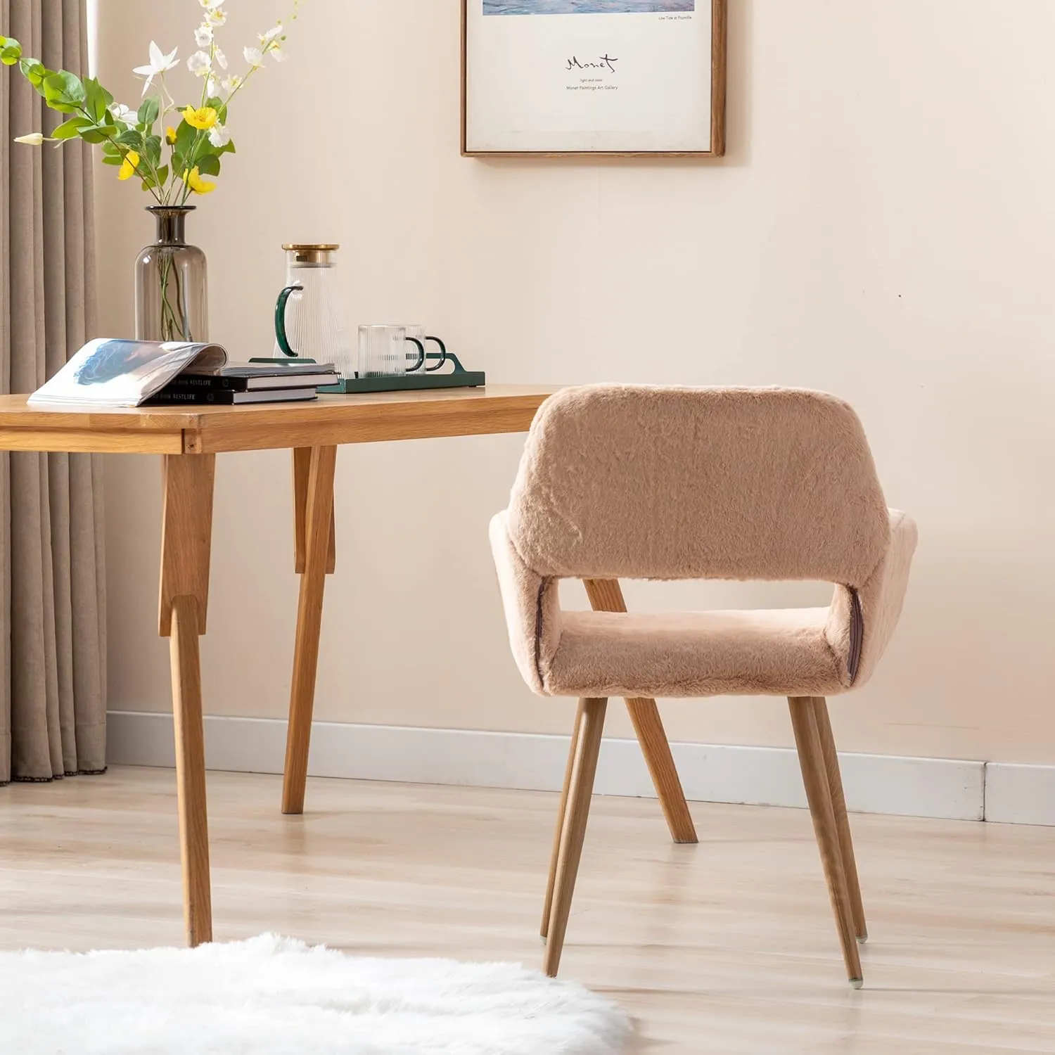 KCC Furry Desk Chair, Mid-Century Modern Accent Faux Fur Chair for Teen Girls, Comfy Armchair with Wood Look Metal Legs for Living Dining Room, Home Vanity Makeup Office Desk Chairs No Wheel, Camel