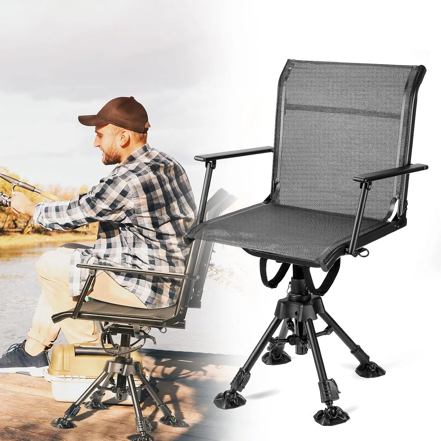 KEMIMOTO 360 Degree Silent Swivel Blind Hunting Chair, Height Adjustable Quick Folding Portable Comfortable Hunting Fishing Chair