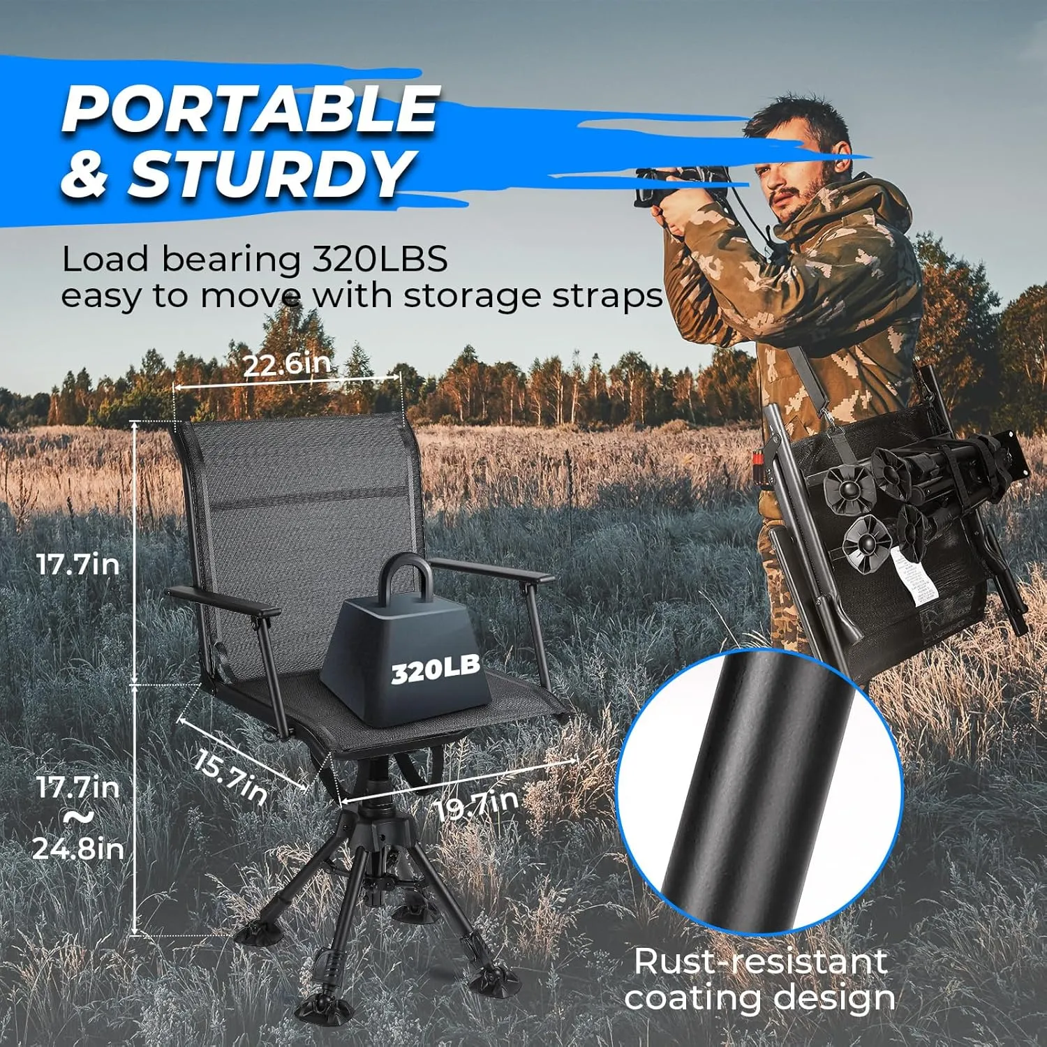 KEMIMOTO 360 Degree Silent Swivel Blind Hunting Chair, Height Adjustable Quick Folding Portable Comfortable Hunting Fishing Chair
