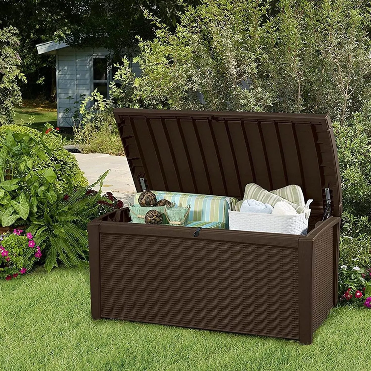 Keter Outdoor Storage Deck Box, for Patio, Backyard & Garden, Borneo, 110 Gallon, Brown - Lockable, Organizing, and Waterproof Plastic Container Bench