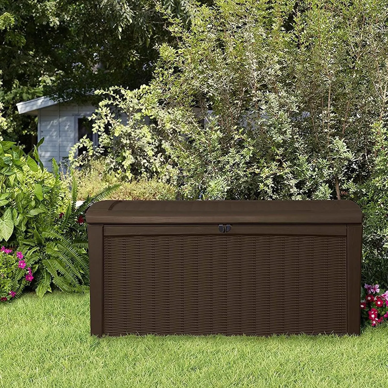 Keter Outdoor Storage Deck Box, for Patio, Backyard & Garden, Borneo, 110 Gallon, Brown - Lockable, Organizing, and Waterproof Plastic Container Bench