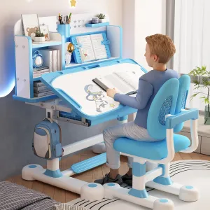 Kids Desk and Chair Set, Height Adjustable Kids Table and Chairs, Kids School Desk with 80cm Tiltable Desktop, Bookstand and Drawer, Chid Desk Chair with Sitting Corrector Blue c