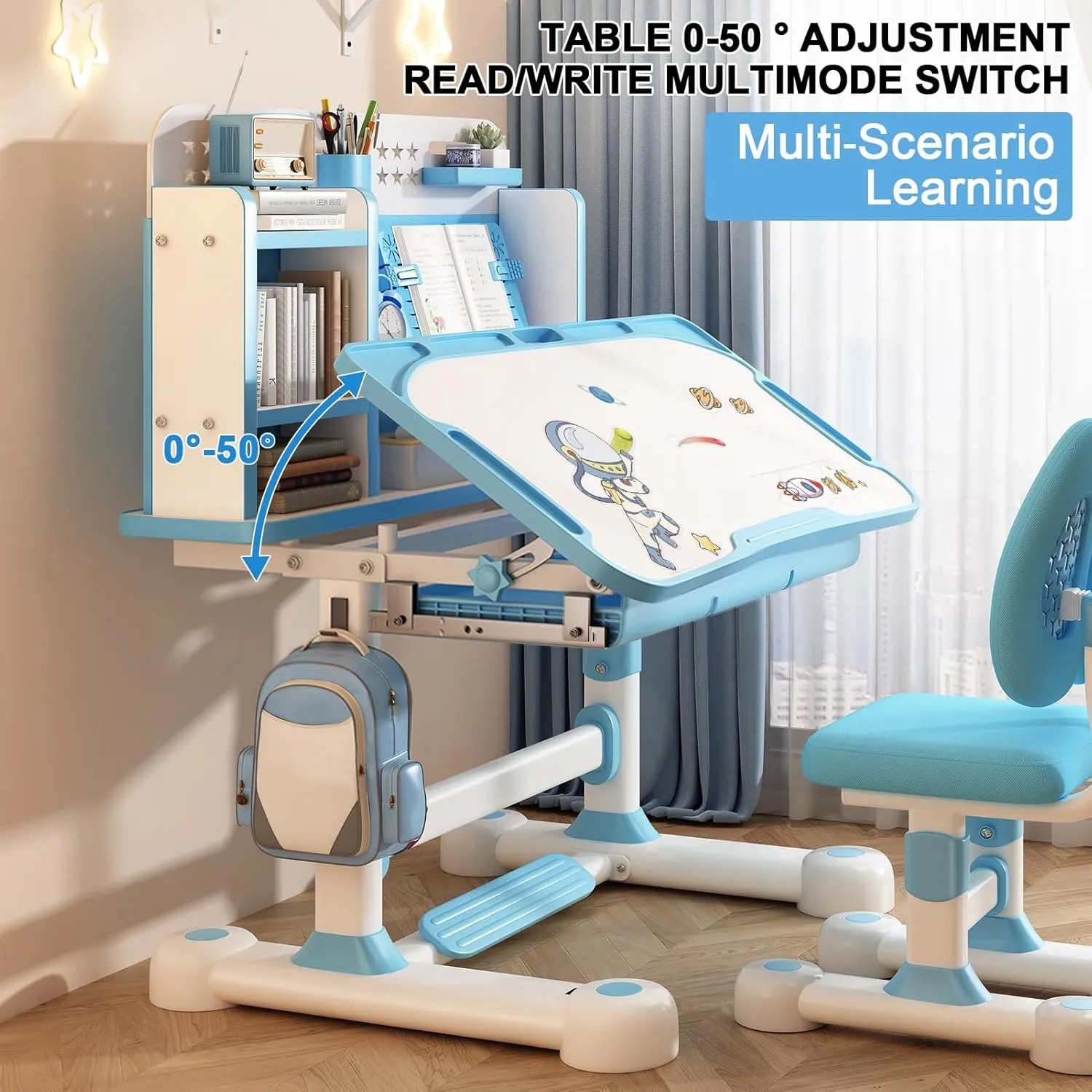 Kids Desk and Chair Set, Height Adjustable Kids Table and Chairs, Kids School Desk with 80cm Tiltable Desktop, Bookstand and Drawer, Chid Desk Chair with Sitting Corrector Blue c