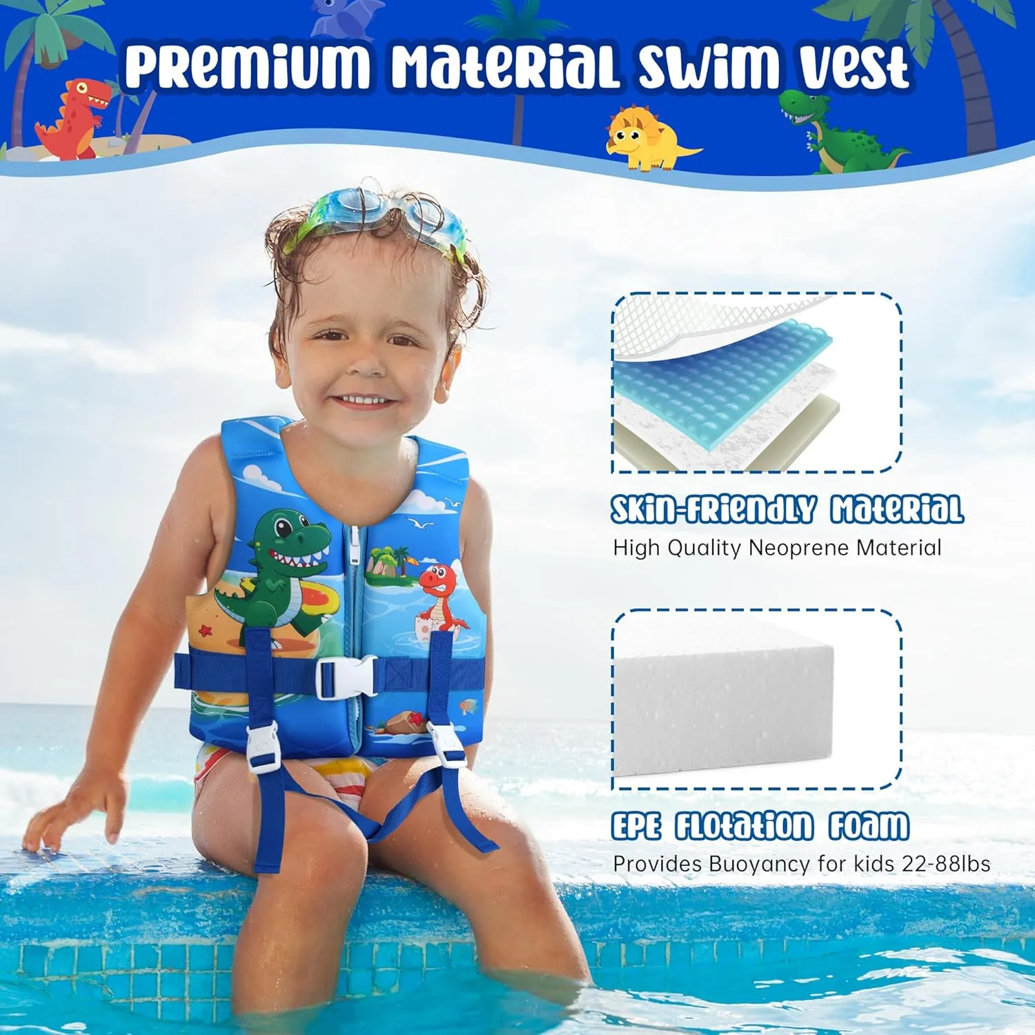 Kids Swim Vest, Toddler Floaties with Adjustable Safety Strap Swimming Aids Child Float Swimsuit for Boys and Girls Age 2-10 Years Old/22-88lbs