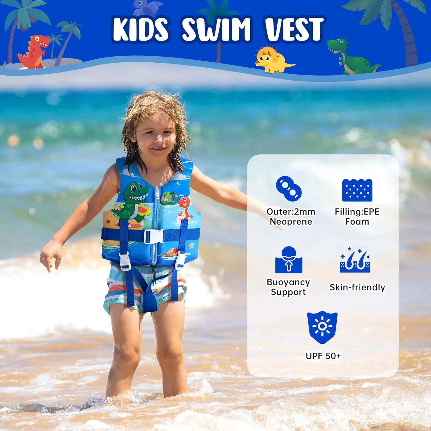 Kids Swim Vest, Toddler Floaties with Adjustable Safety Strap Swimming Aids Child Float Swimsuit for Boys and Girls Age 2-10 Years Old/22-88lbs