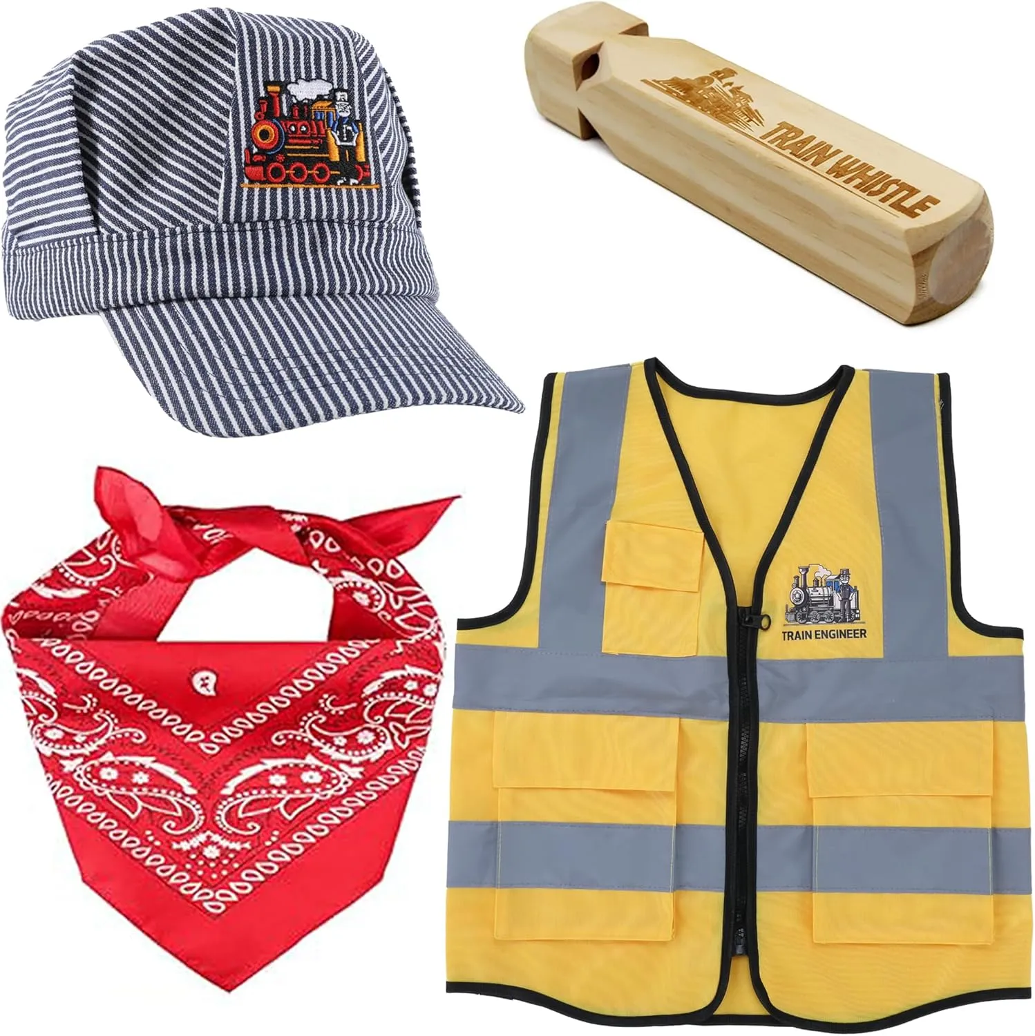 Kids Train Engineer Costume Premium Set (4 IN 1) Wooden Train Whistle Conductor Hat Bandanna Engineer Vest Dress Up Kit for Children