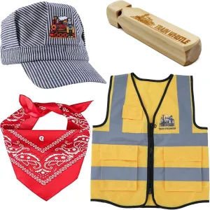 Kids Train Engineer Costume Premium Set (4 IN 1) Wooden Train Whistle Conductor Hat Bandanna Engineer Vest Dress Up Kit for Children
