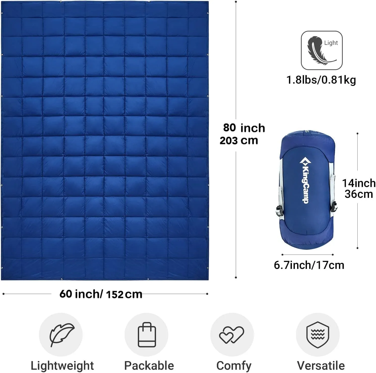 KingCamp Down Camping Blanket - Lightweight, Multifunctional Quilt for Camping with Snap Button, Portable for Stadium, Travel, Airplane, Picnic, Indoor & Outdoor, Provides Warmth