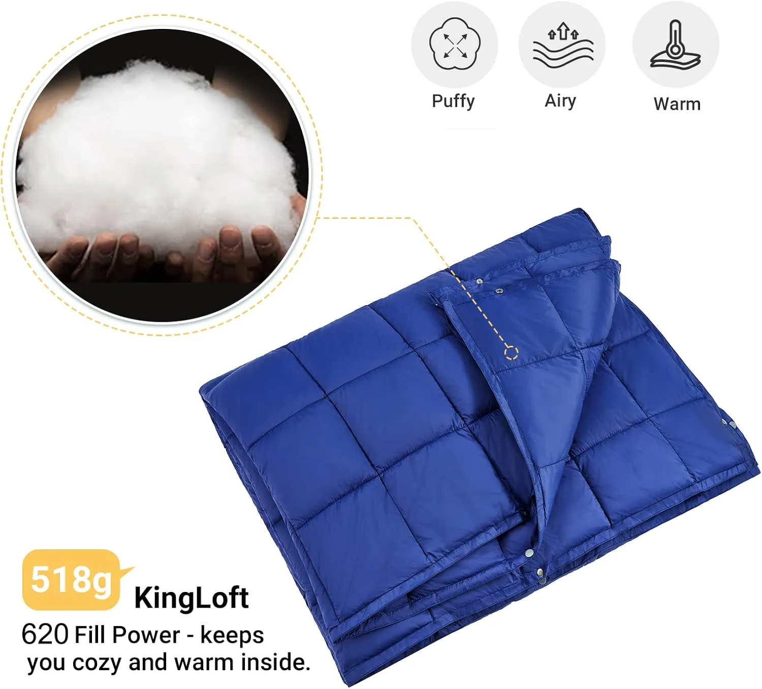 KingCamp Down Camping Blanket - Lightweight, Multifunctional Quilt for Camping with Snap Button, Portable for Stadium, Travel, Airplane, Picnic, Indoor & Outdoor, Provides Warmth