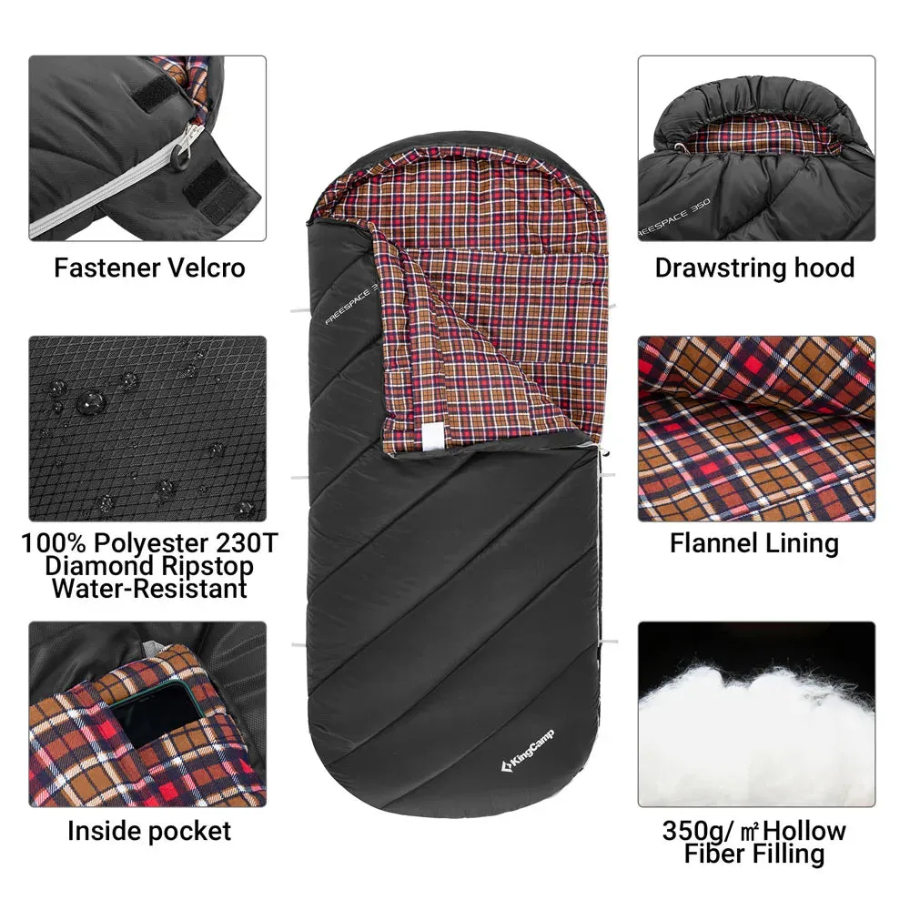 KingCamp FREESPACE 350 Flannel Sleeping Bag-Envelope With Hood