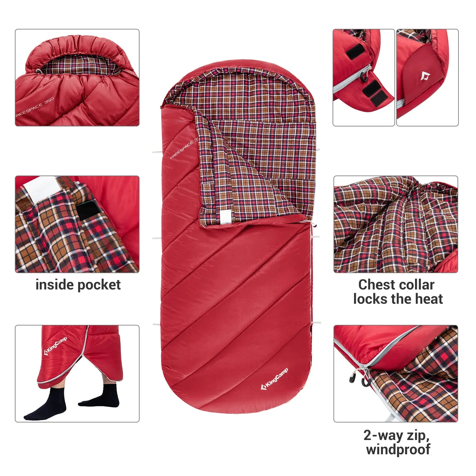 KingCamp FREESPACE 350 Flannel Sleeping Bag-Envelope With Hood
