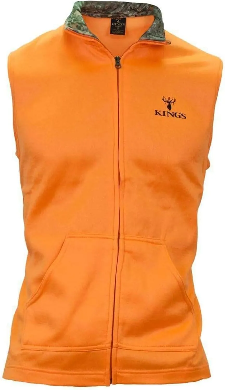 King's Camo Men's Blaze Orange Hunter Full Zip Bright Poly Fleece Vest with 2 Side Hand Pockets & Desert Shadow Accent Collar