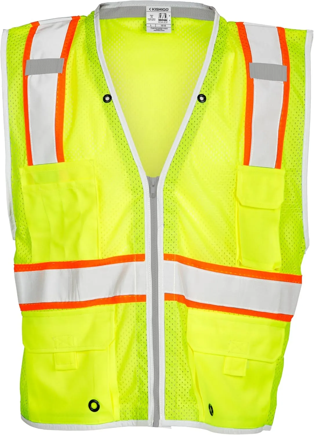 Kishigo All Mesh Contrast Men's Reflective Safety Vest 1195, ANSI Type R/Class 2, 6 Pockets Zipper, Reflective Lining