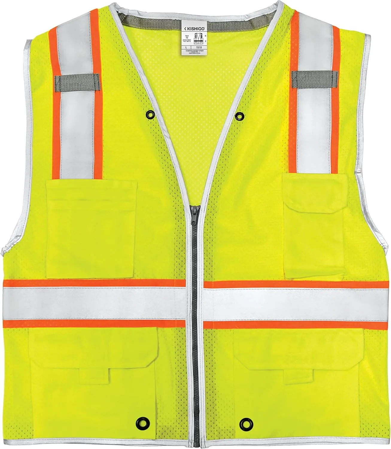 Kishigo All Mesh Contrast Men's Reflective Safety Vest 1195, ANSI Type R/Class 2, 6 Pockets Zipper, Reflective Lining