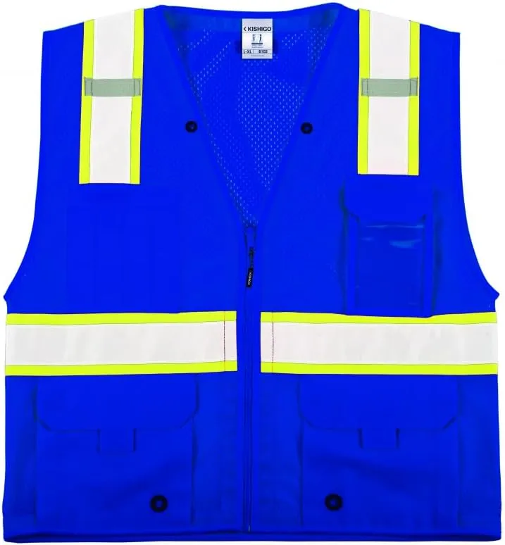 Kishigo Black Enhanced Visibility Men's Vest B100, Multi Pocket Mesh Hi-Vis Vest, Ultra-Cool Polyester, 6 Pockets, Zipper