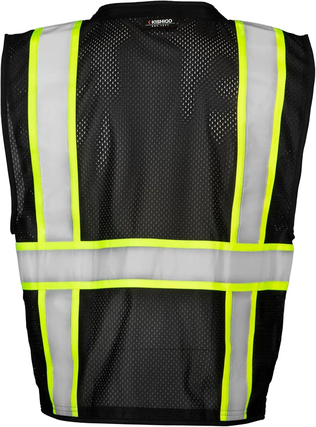 Kishigo Black Enhanced Visibility Men's Vest B100, Multi Pocket Mesh Hi-Vis Vest, Ultra-Cool Polyester, 6 Pockets, Zipper