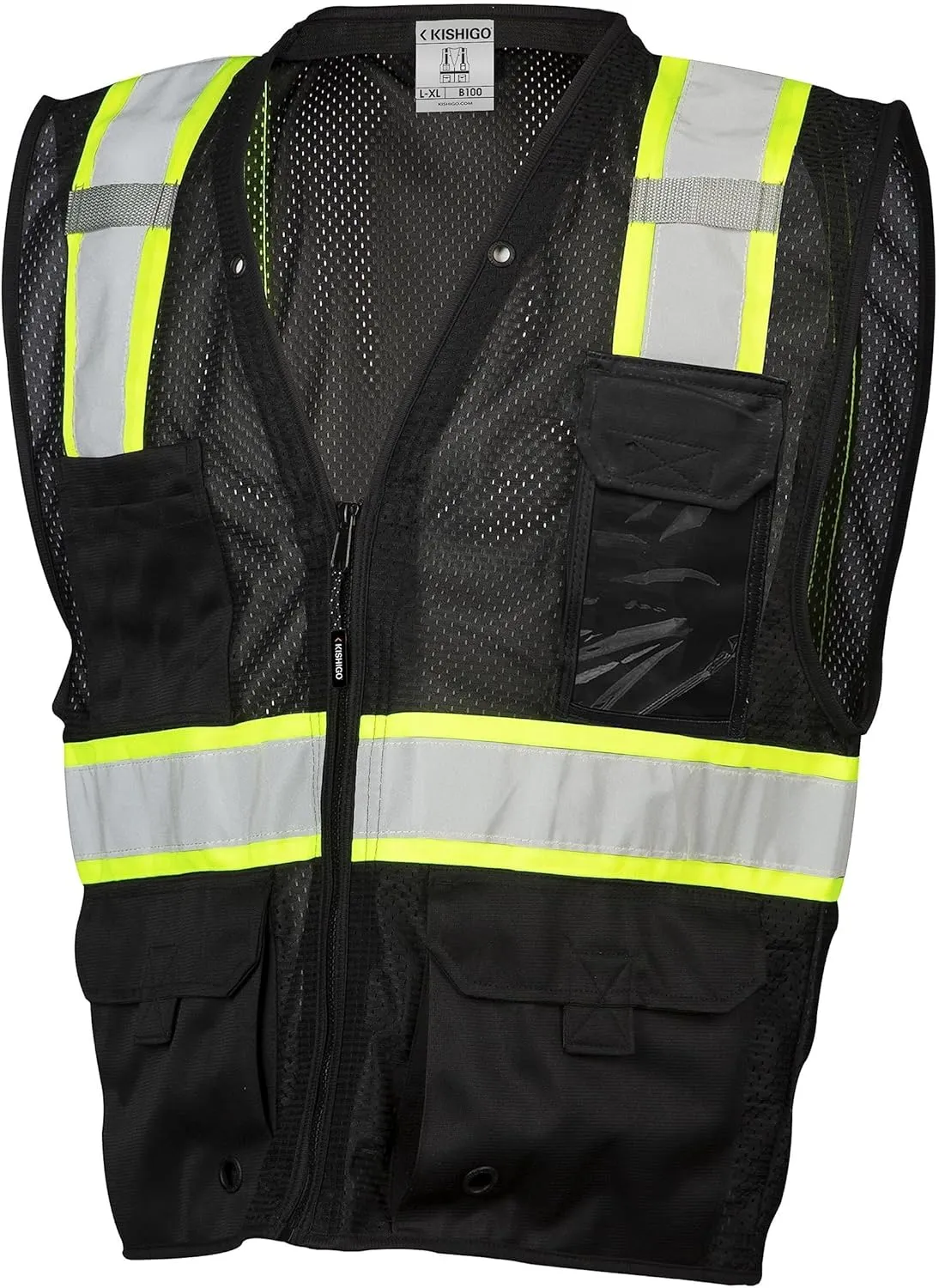 Kishigo Black Enhanced Visibility Men's Vest B100, Multi Pocket Mesh Hi-Vis Vest, Ultra-Cool Polyester, 6 Pockets, Zipper