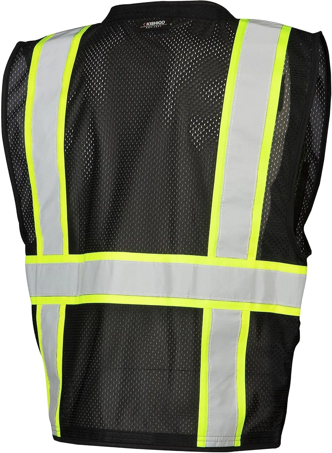 Kishigo Black Enhanced Visibility Men's Vest B100, Multi Pocket Mesh Hi-Vis Vest, Ultra-Cool Polyester, 6 Pockets, Zipper