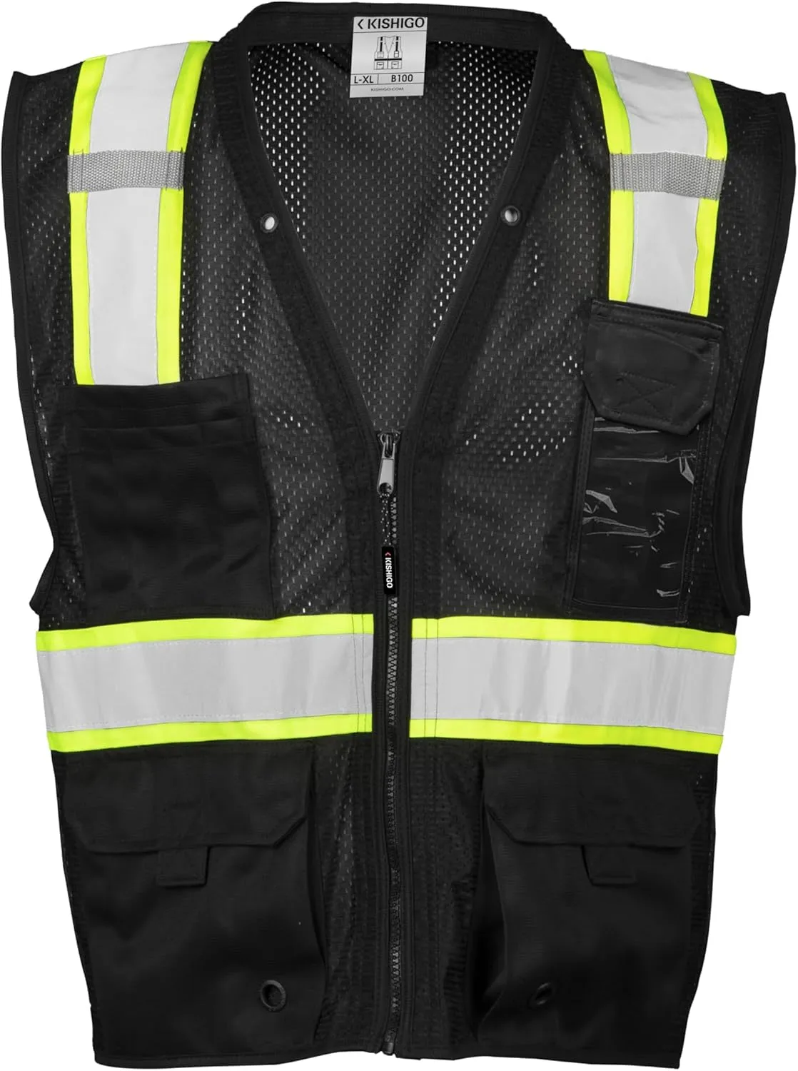 Kishigo Black Enhanced Visibility Men's Vest B100, Multi Pocket Mesh Hi-Vis Vest, Ultra-Cool Polyester, 6 Pockets, Zipper