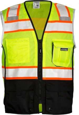 Kishigo Men's High Visibility Reflective Premium Black Series Black Bottom Vest 1515, Polyester, ANSI 107 Type R/Class 2
