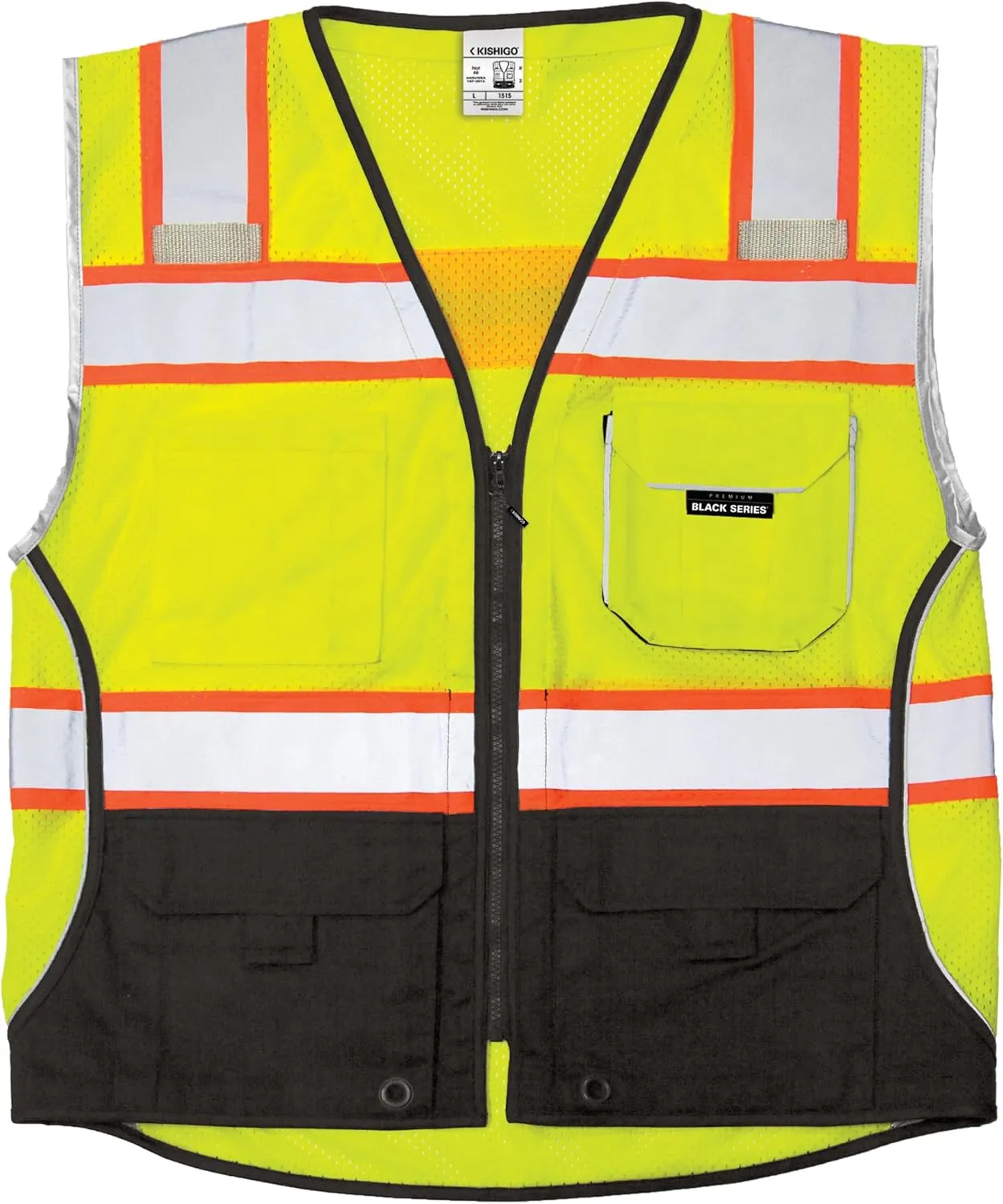 Kishigo Men's High Visibility Reflective Premium Black Series Black Bottom Vest 1515, Polyester, ANSI 107 Type R/Class 2
