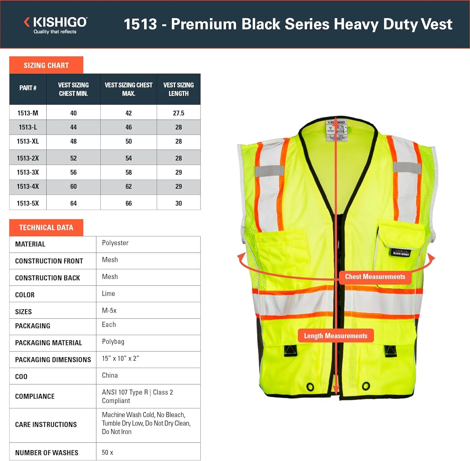Kishigo Premium Black Series Heavy Duty Unisex Reflective Safety Vest, ANSI Type R/Class 2 Compliant, 6 Pockets