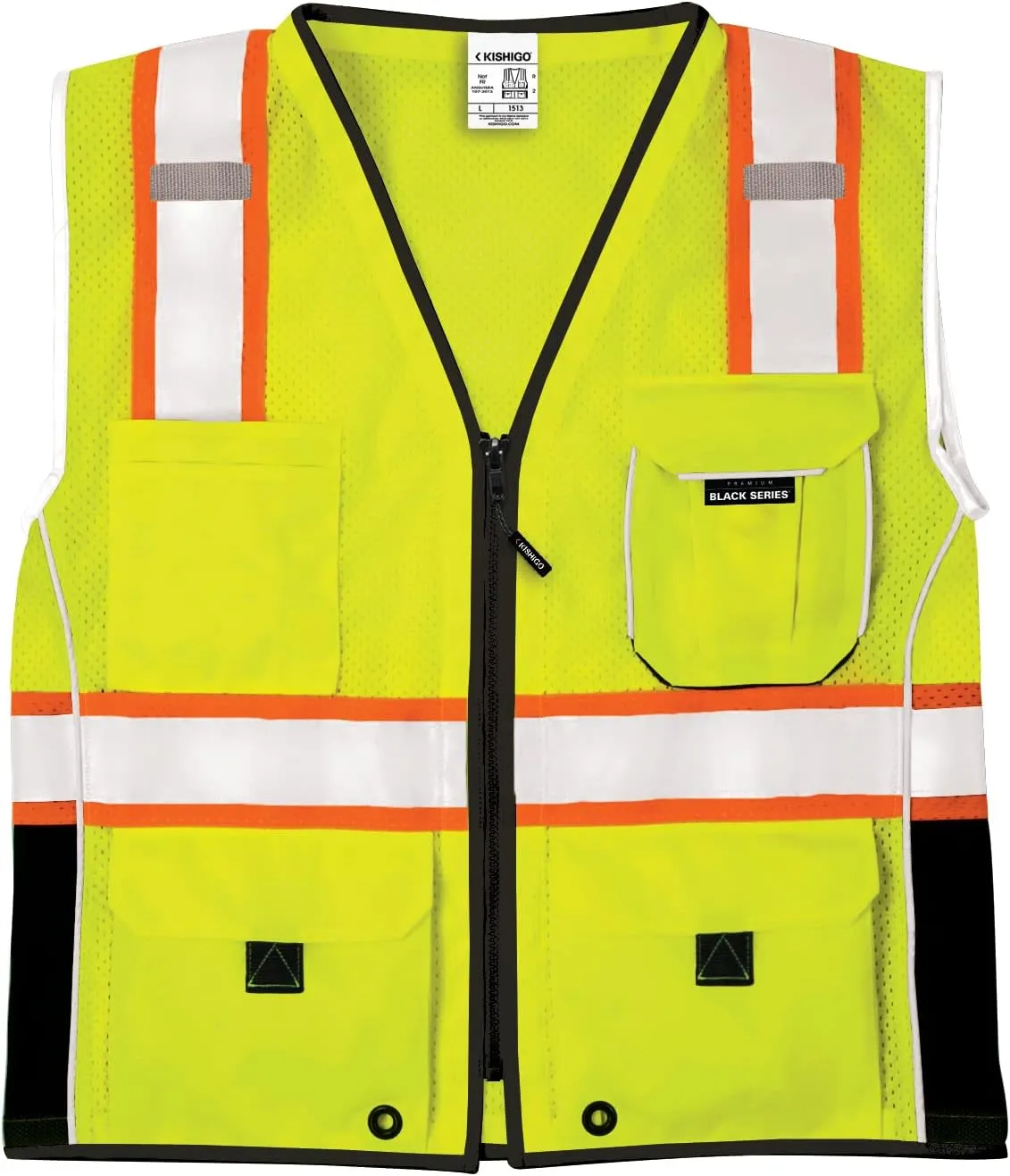 Kishigo Premium Black Series Heavy Duty Unisex Reflective Safety Vest, ANSI Type R/Class 2 Compliant, 6 Pockets