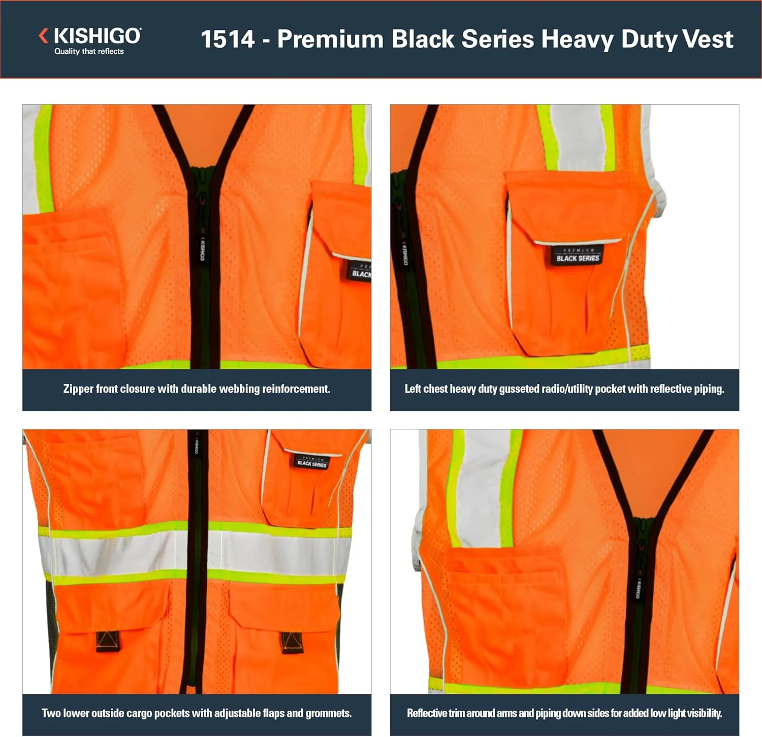 Kishigo Premium Black Series Heavy Duty Unisex Reflective Safety Vest, ANSI Type R/Class 2 Compliant, 6 Pockets