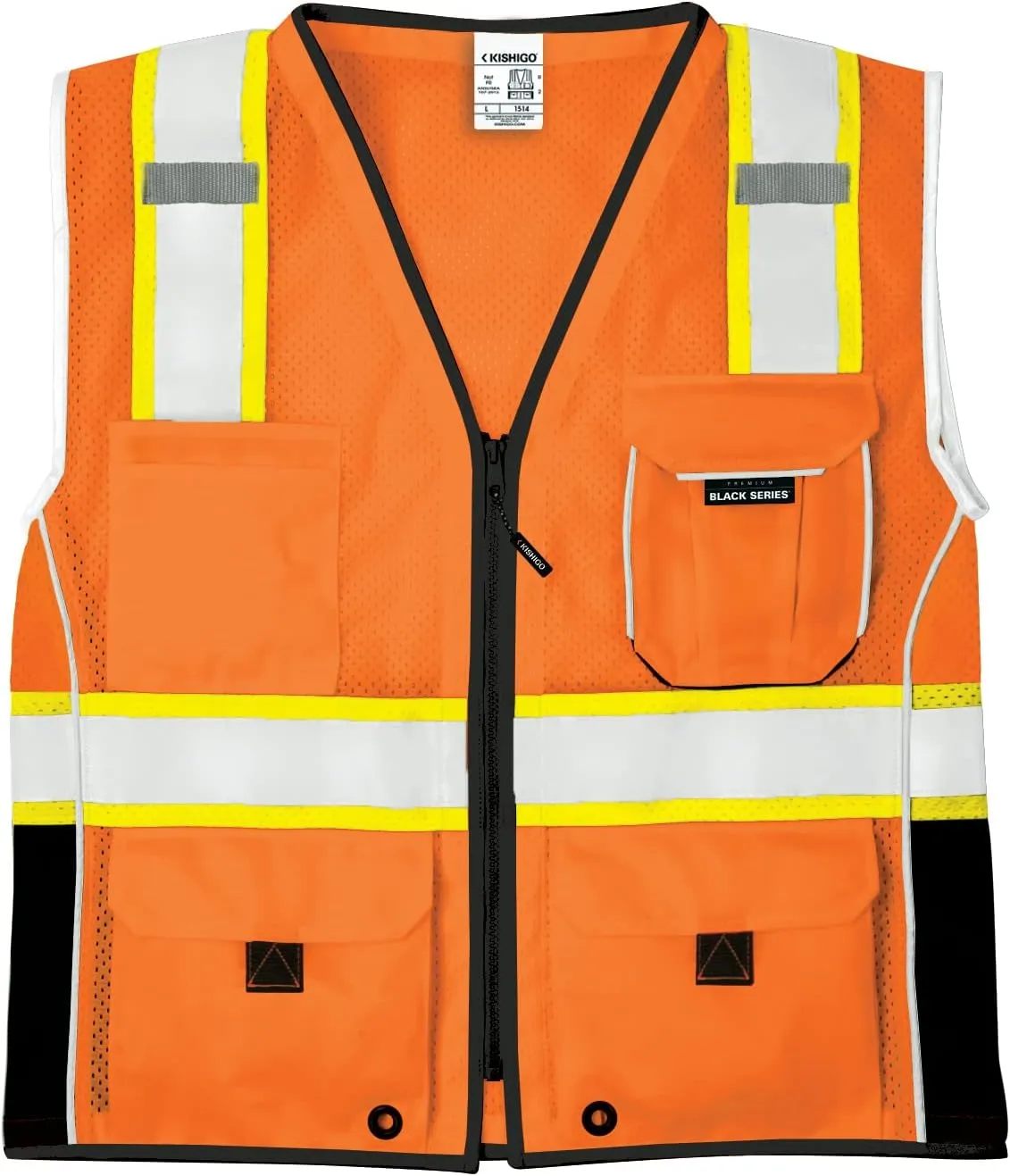 Kishigo Premium Black Series Heavy Duty Unisex Reflective Safety Vest, ANSI Type R/Class 2 Compliant, 6 Pockets