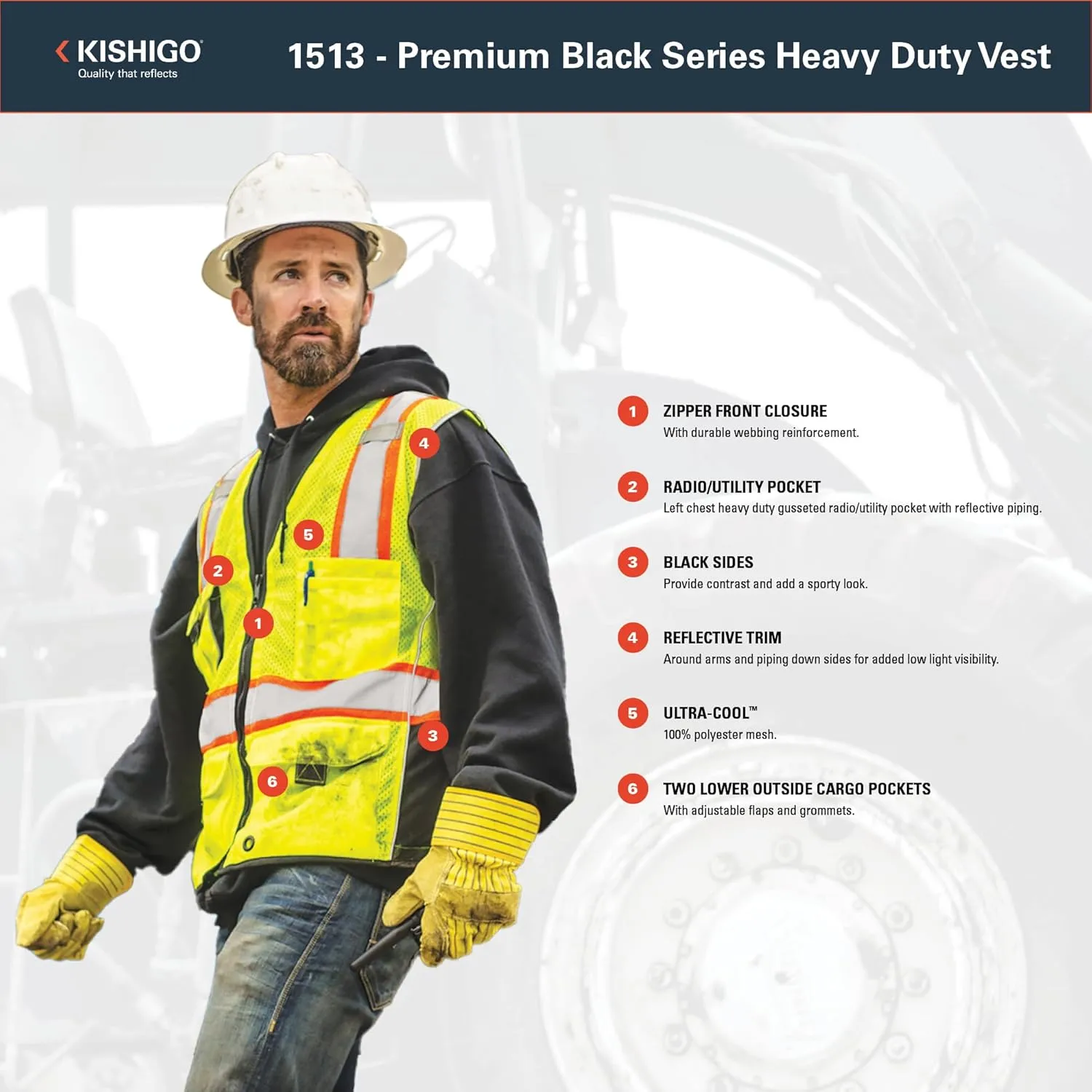 Kishigo Premium Black Series Heavy Duty Unisex Reflective Safety Vest, ANSI Type R/Class 2 Compliant, 6 Pockets