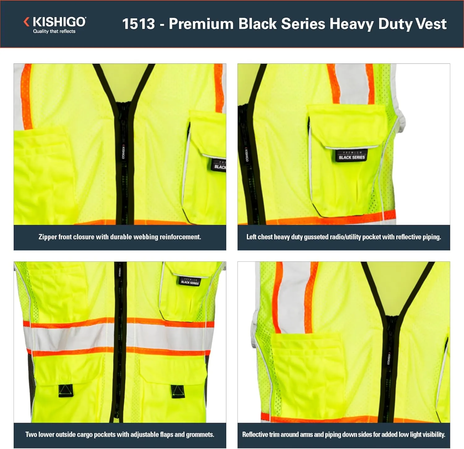 Kishigo Premium Black Series Heavy Duty Unisex Reflective Safety Vest, ANSI Type R/Class 2 Compliant, 6 Pockets