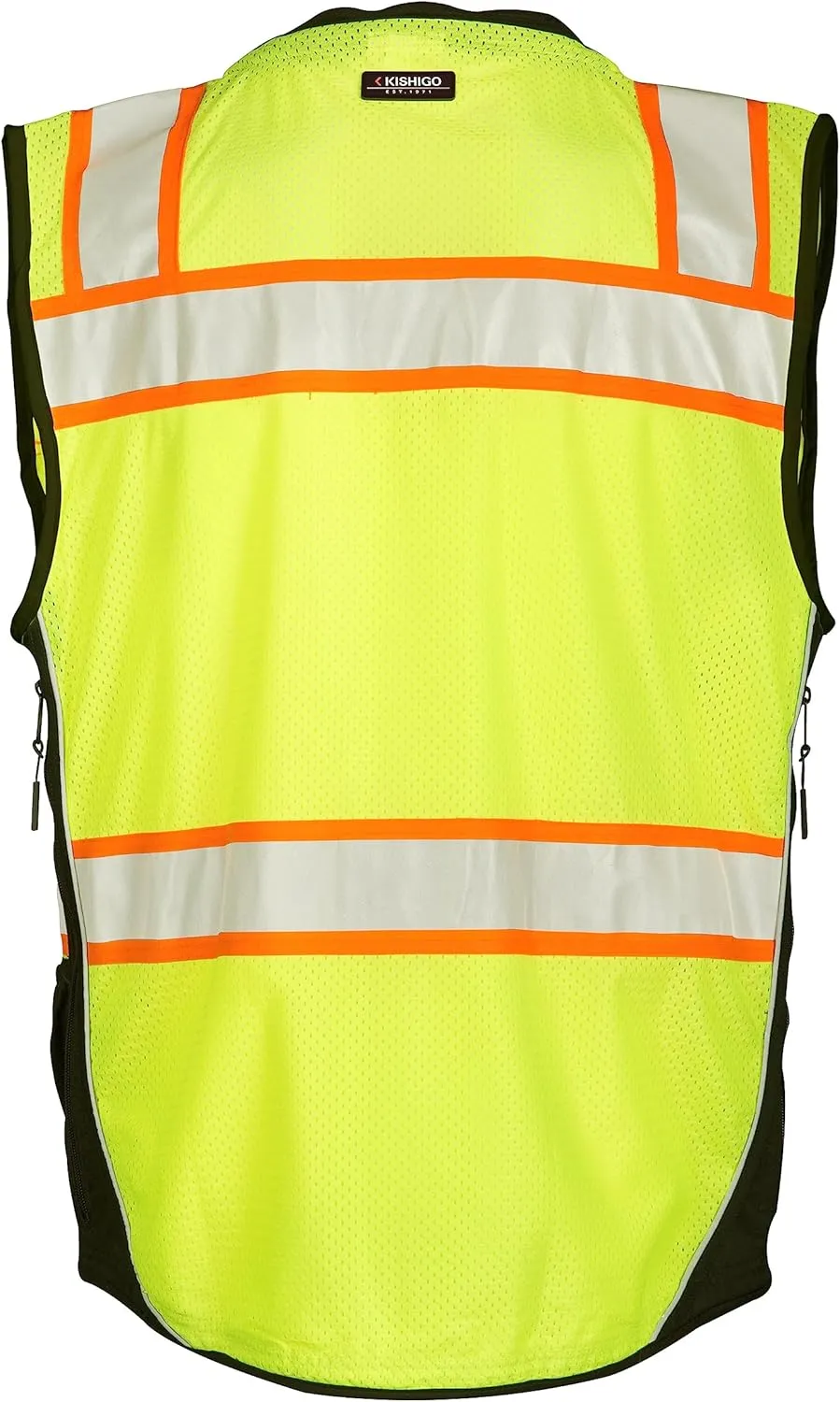 Kishigo Premium Black Series Men's Surveyors Vest S5002, Class 2 Hi-Vis, 10 Pockets, Zipper, Durable Webbing, ANSI/ISEA 107