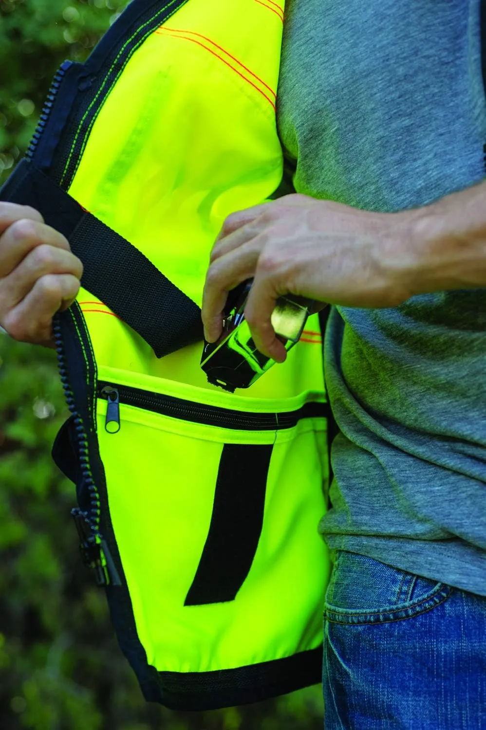 Kishigo Premium Black Series Men's Surveyors Vest S5002, Class 2 Hi-Vis, 10 Pockets, Zipper, Durable Webbing, ANSI/ISEA 107