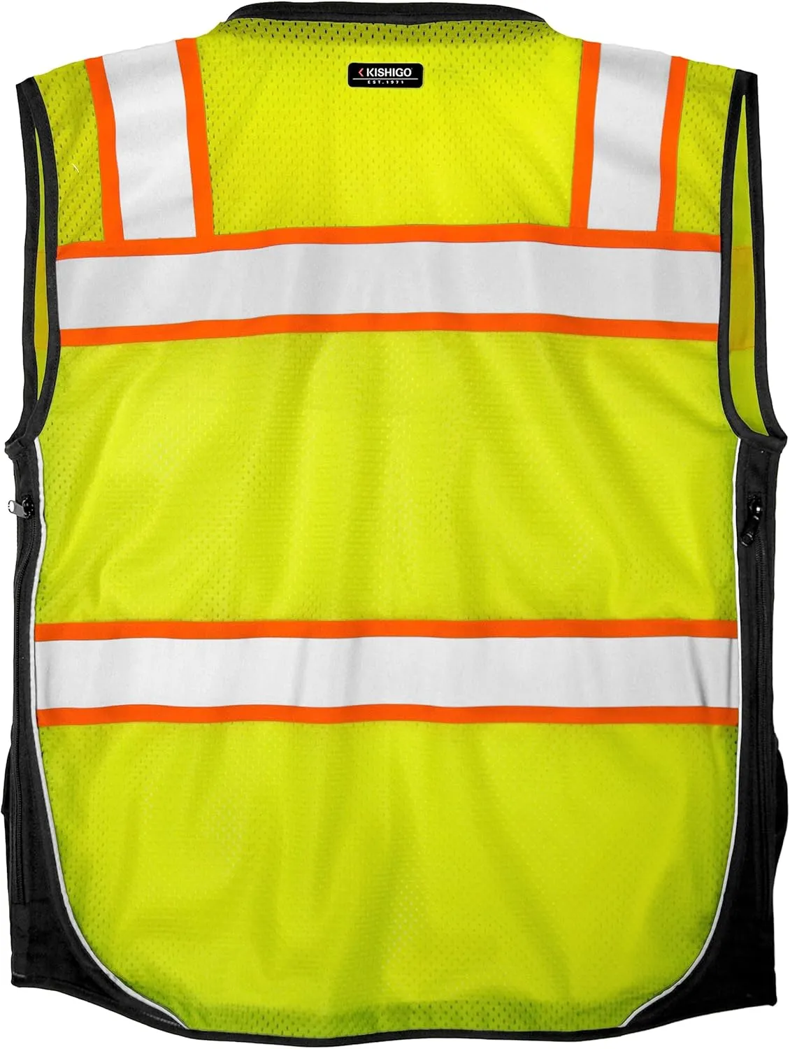 Kishigo Premium Black Series Men's Surveyors Vest S5002, Class 2 Hi-Vis, 10 Pockets, Zipper, Durable Webbing, ANSI/ISEA 107