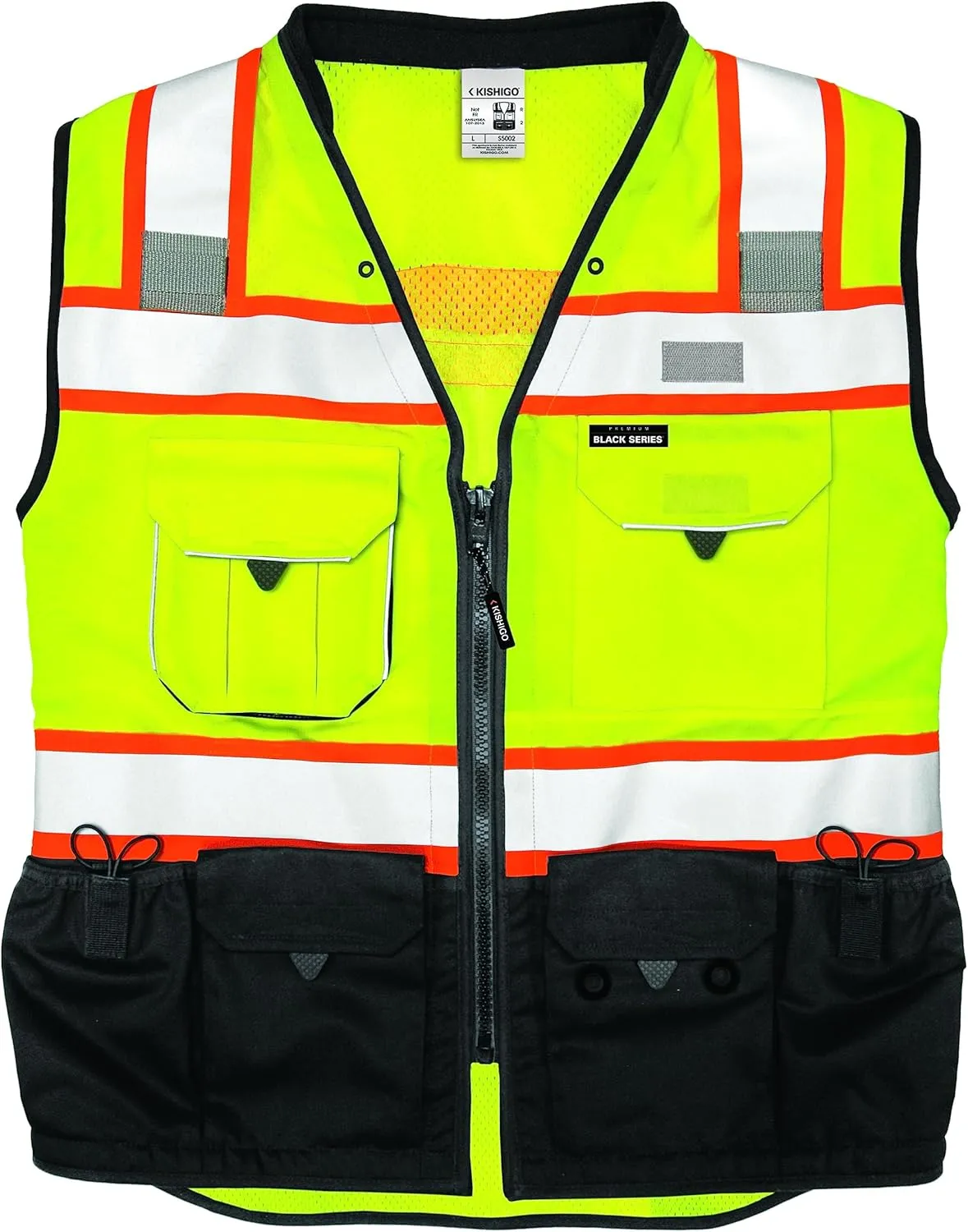 Kishigo Premium Black Series Men's Surveyors Vest S5002, Class 2 Hi-Vis, 10 Pockets, Zipper, Durable Webbing, ANSI/ISEA 107