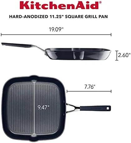 KitchenAid Hard Anodized Nonstick Square Grill Pan/Griddle with Pour Spouts, 11.25 Inch, Onyx Black