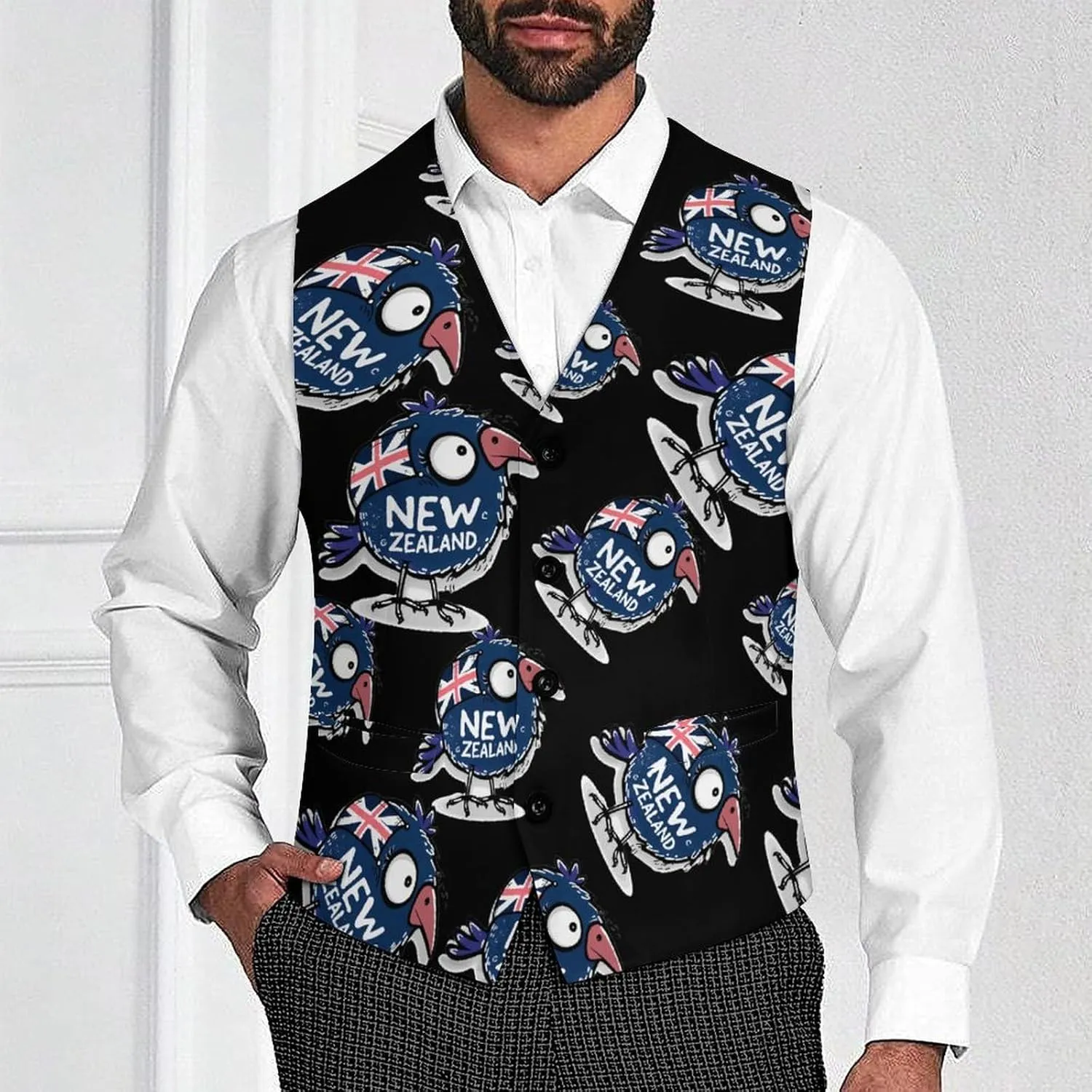 Kiwi Bird New Zealands Flag Men's Suit Vest Slim Fit Business Dress Party Pattern Waistcoat Vest Top