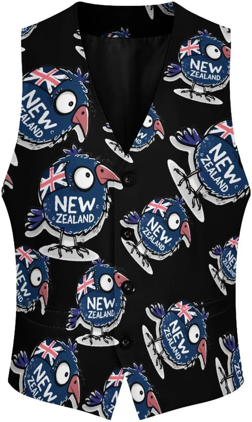 Kiwi Bird New Zealands Flag Men's Suit Vest Slim Fit Business Dress Party Pattern Waistcoat Vest Top