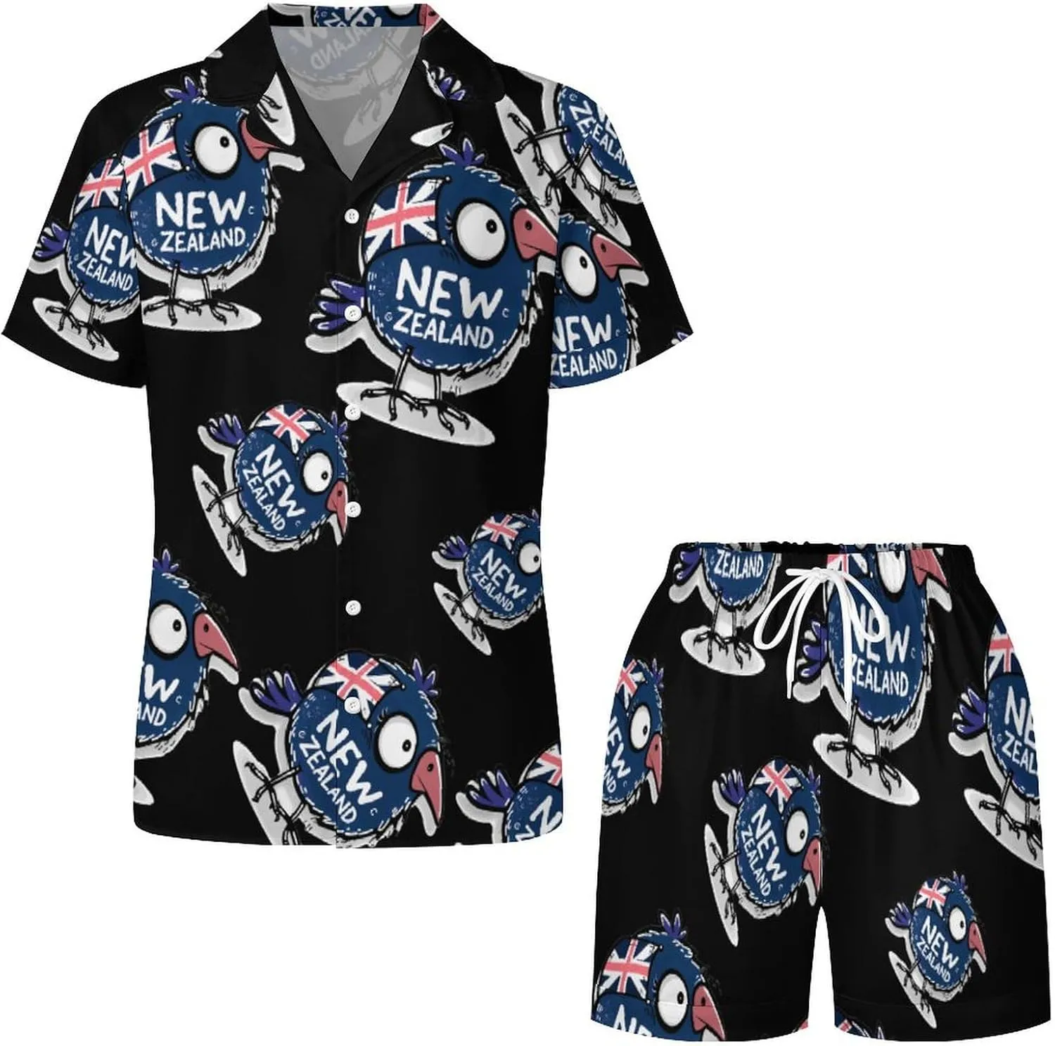 Kiwi Bird New Zealands Flag Women's Satin Pajama Set Short Sleeve Button Down Sleepwear Loungewear Pj Set