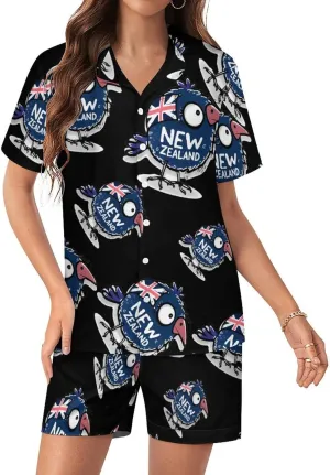 Kiwi Bird New Zealands Flag Women's Satin Pajama Set Short Sleeve Button Down Sleepwear Loungewear Pj Set