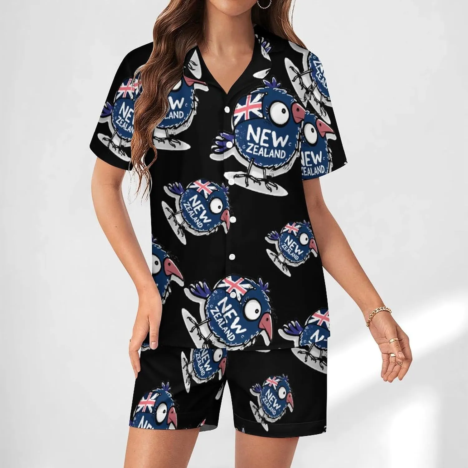 Kiwi Bird New Zealands Flag Women's Satin Pajama Set Short Sleeve Button Down Sleepwear Loungewear Pj Set