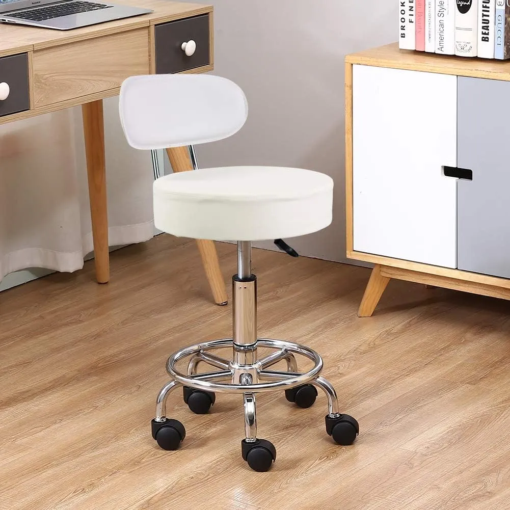 KKTONER PU Leather Rolling Stool Mid-Back with Footrest Height Adjustable Office Computer Home Drafting Swivel Task Chair with Wheels (White)