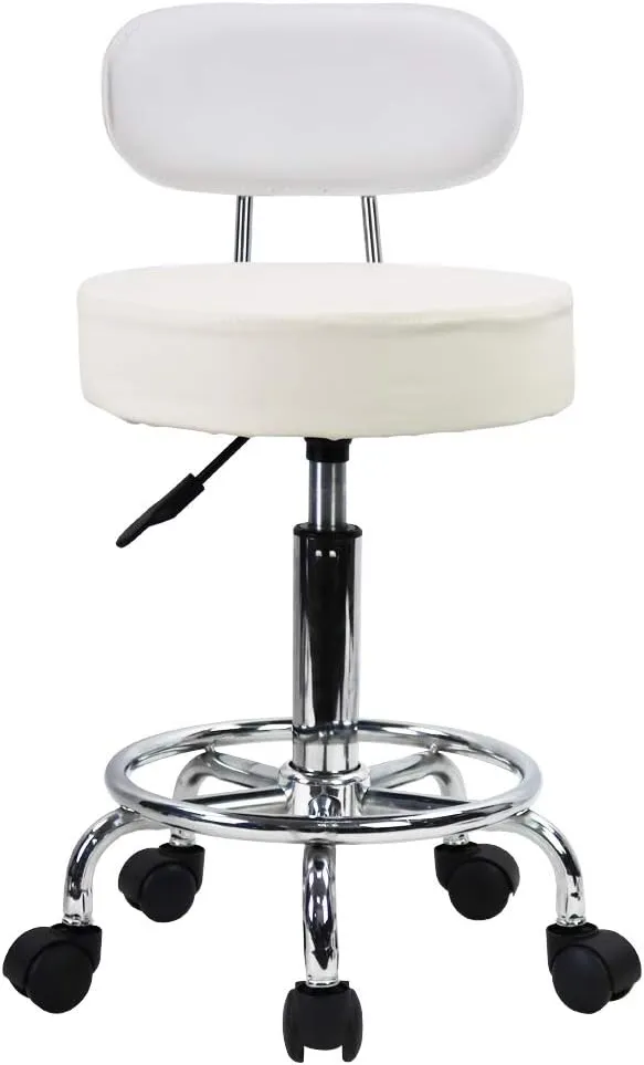 KKTONER PU Leather Rolling Stool Mid-Back with Footrest Height Adjustable Office Computer Home Drafting Swivel Task Chair with Wheels (White)
