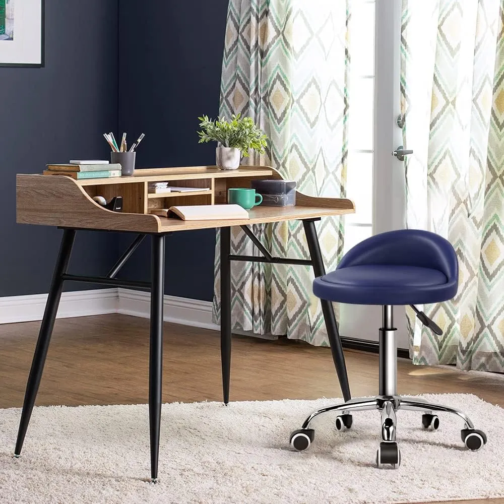 KKTONER PU Leather Round Rolling Stool with Back Rest Height Adjustable Swivel Drafting Work SPA Task Chair with Wheels (Blue)